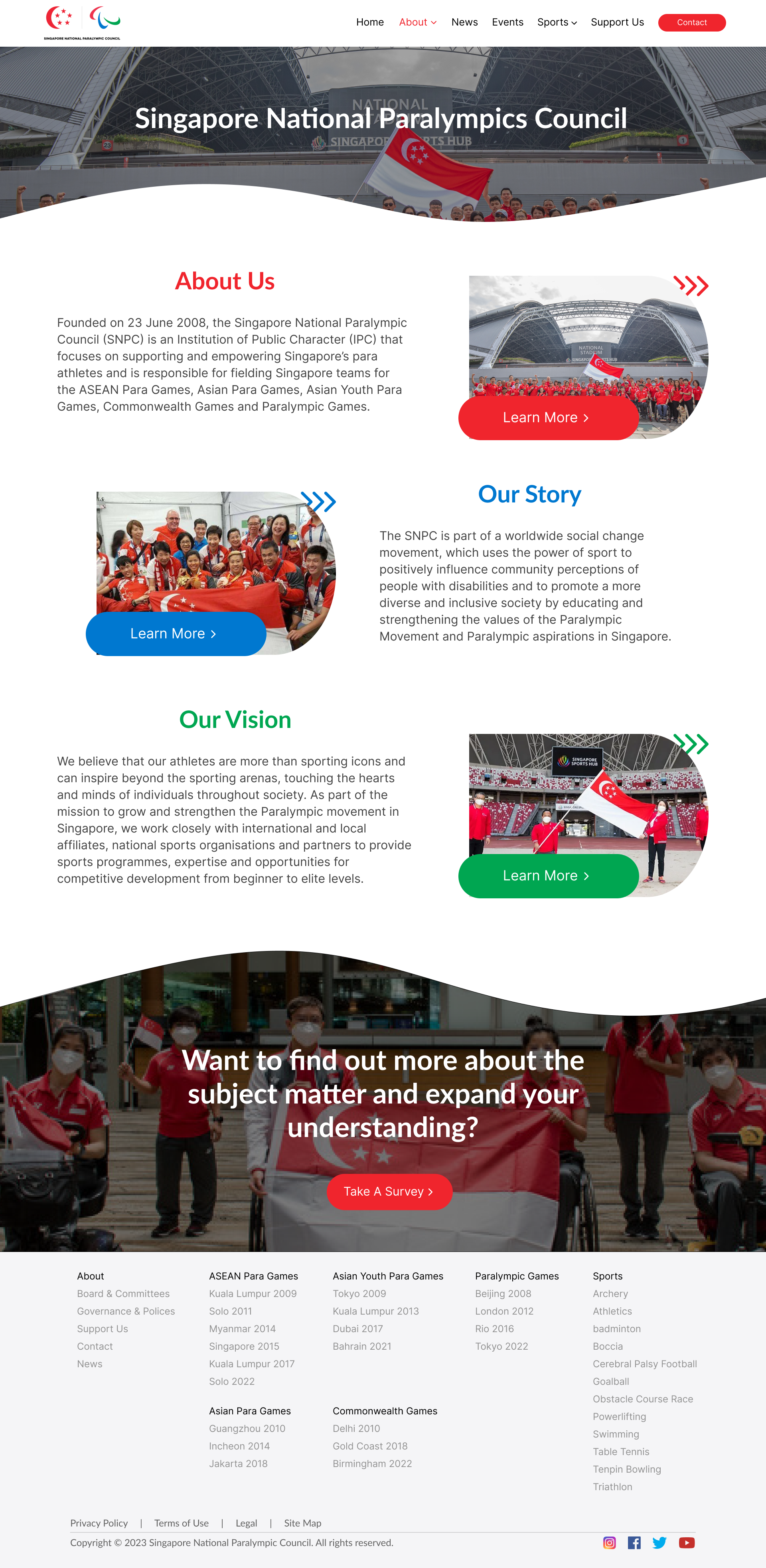 Singapore National Paralympics Council about page desktop design
